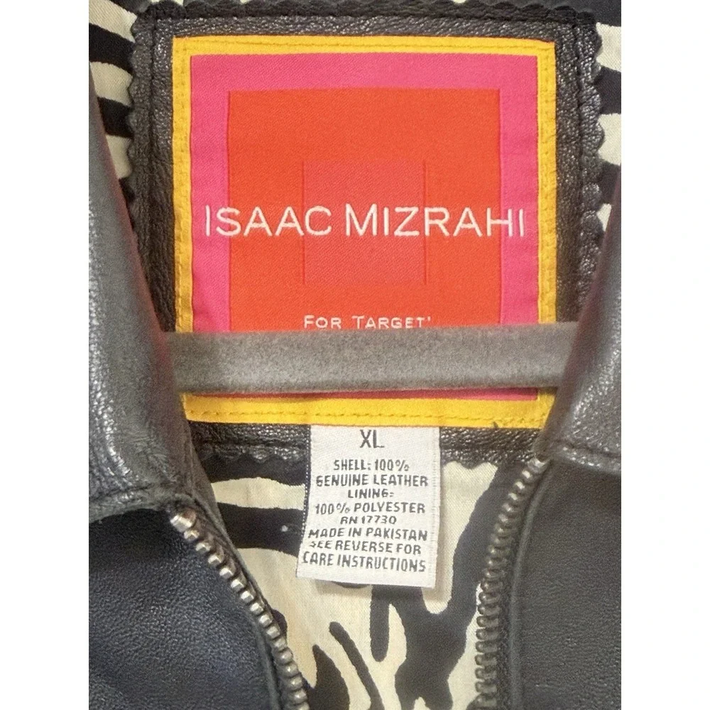 Vintage Isaac Mizrahi Black Leather Jacket Zebra Lining‎ Zip Moto Womens Sz XL